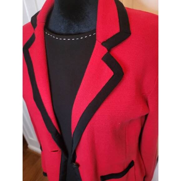 Red Sweater Knit Blazer Black Trim Pockets L Christmas Festive Party Office - Picture 7 of 9